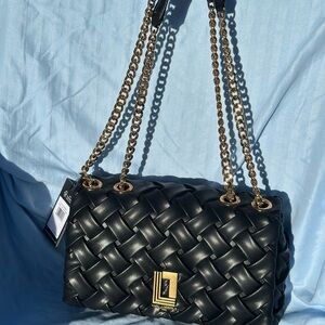 Karl Lagerfeld Black Woven Shoulder Bag with Gold Chain NWT